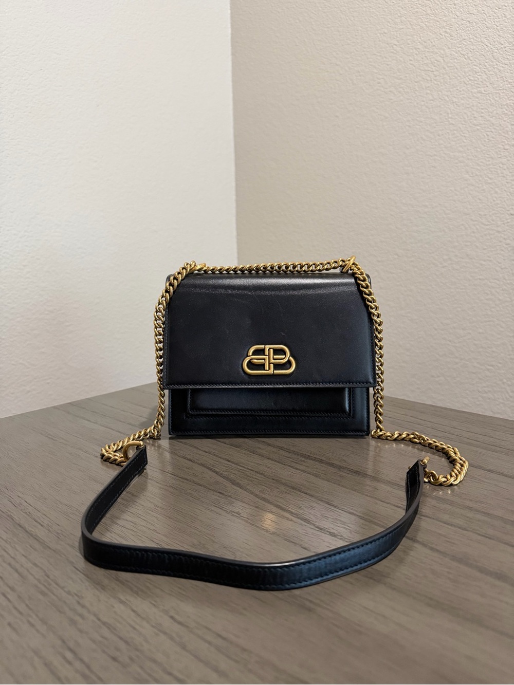 Balenciaga BB Logo Black Leather Gold Hardware Chain Shoulder / Crossbody Bag